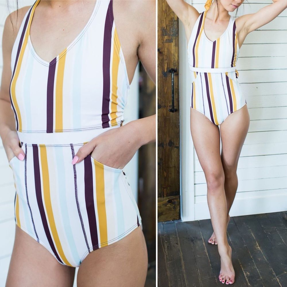 Nani Swimwear One Piece Swimsuit Size Medium Retro Stripe Modest Crisscross Back